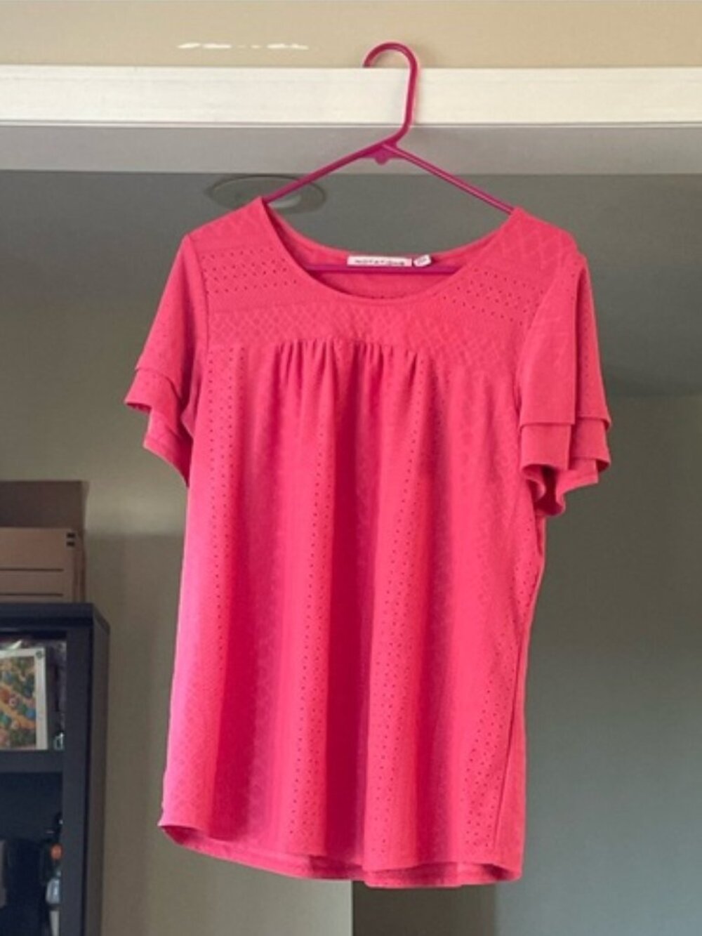 Notations Women's Grannycore Coral Pink Eyelet Ruffle Short Sleeve Blouse 1X